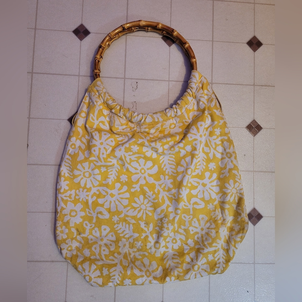 Lands End Bamboo Handle Bag Large Yellow White Floral Polka Dots